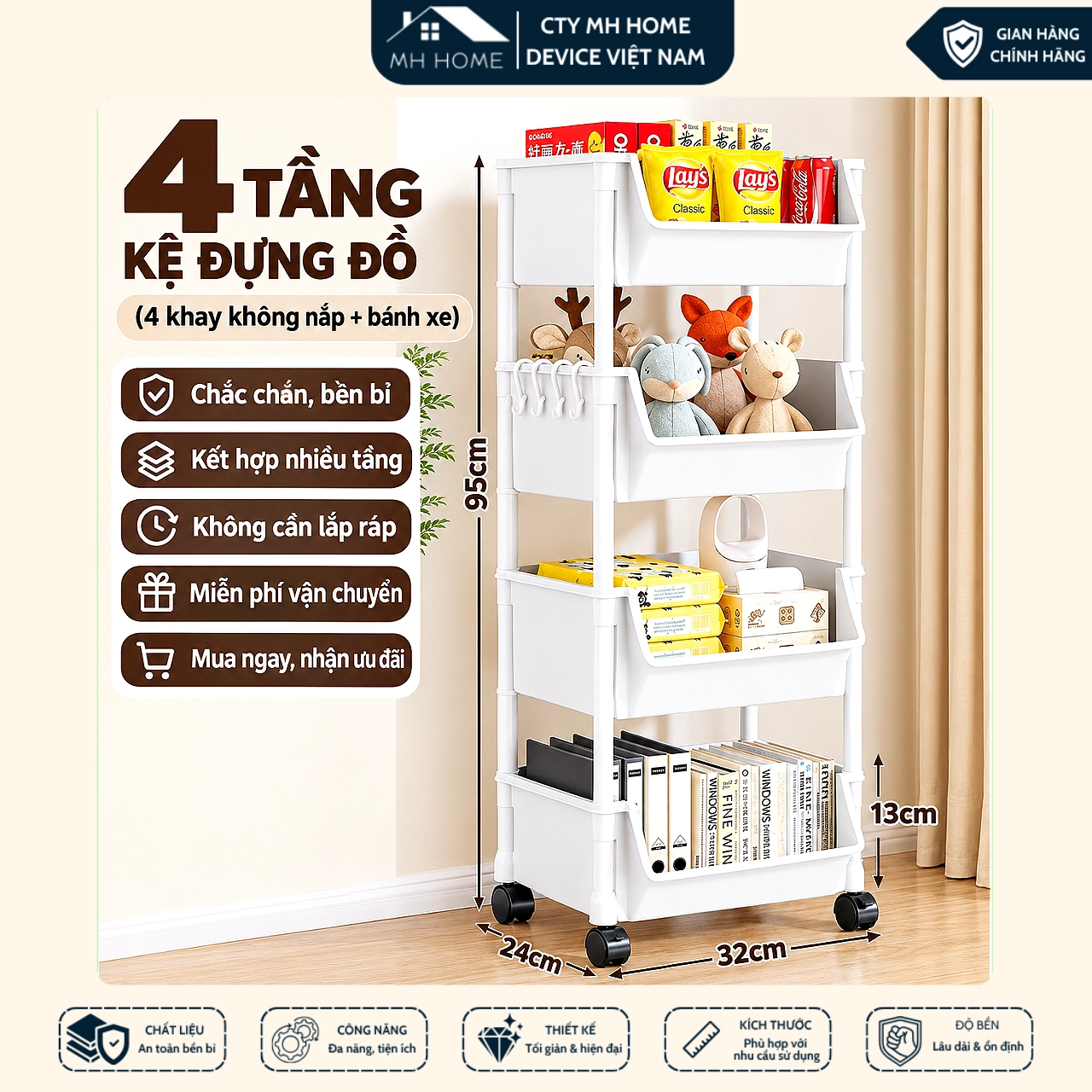 Kệ Sách Nhựa 4 Tầng Đa Năng Có Bánh Xe Khóa Tiện Lợi - Kệ Đựng Đồ Đồ Chơi Nhà Bếp Khay Rổ Thông Minh MH